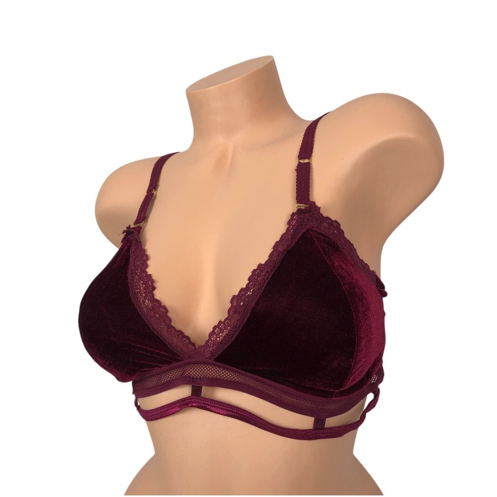 Daisy Fuentes Velvet Padded Bralette Strappy Bra‎ Size L Lace Trim Wine Red Boho